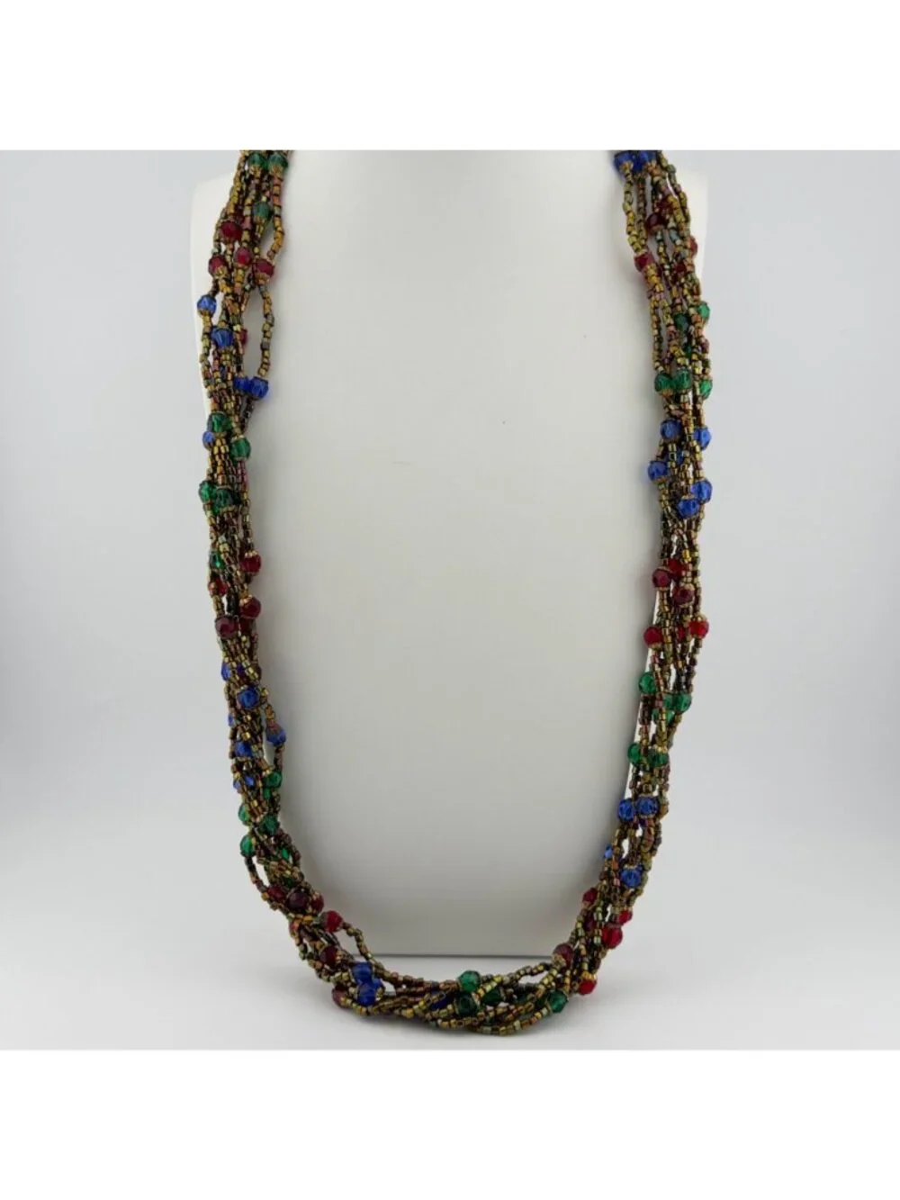 Multicolor Glass Beaded Layered Long Necklace Faceted Metallic 28